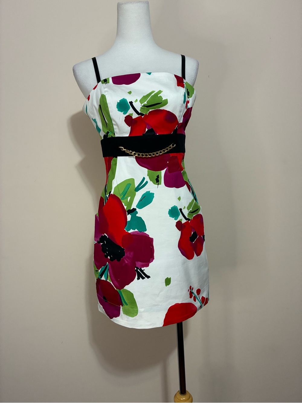 Guess Floral Mini Dress with Gold Tone Chain